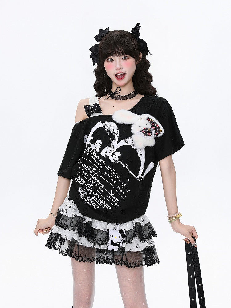 Bunny Plush One-Shoulder Accent Black/Apricot Tee Distresseded Asymmetrical with