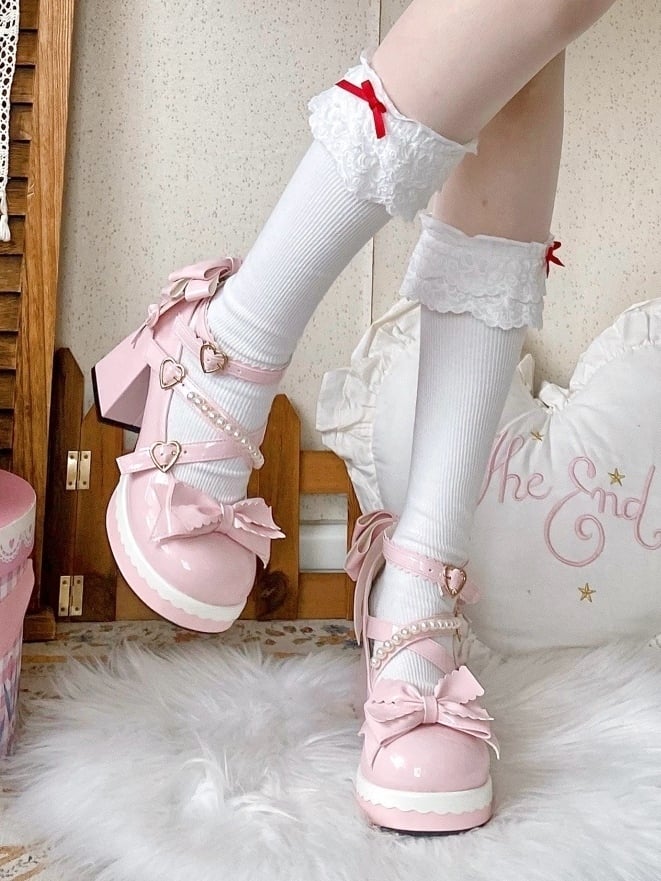 Shoes at - High Bow Platform Sweet PU Straps Lolita Top Beaded Block Decor Crisscross Heel Pink