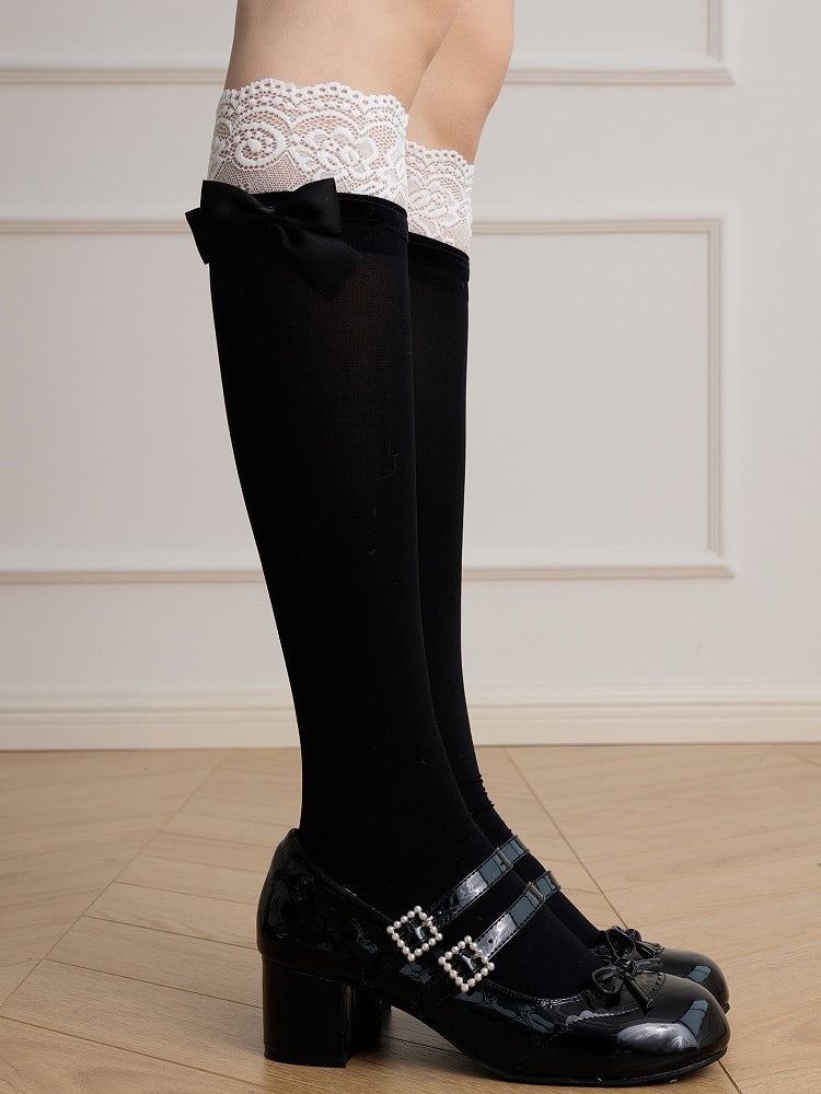 Chaussettes 40 cm en dentelle avec nœud, revers de mollet blancs/noirs/gris avec décoration