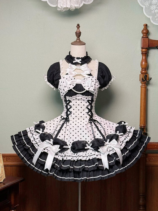 Accents Black Polka Dots Dress Old School Bow White Lolita Neck Halter with