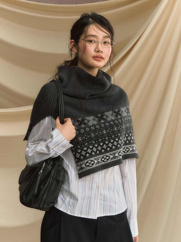 Vintage Fair Isle Jacquard Shawl- Cozy High Neck Pullover for Fall/Winter Dark Gray