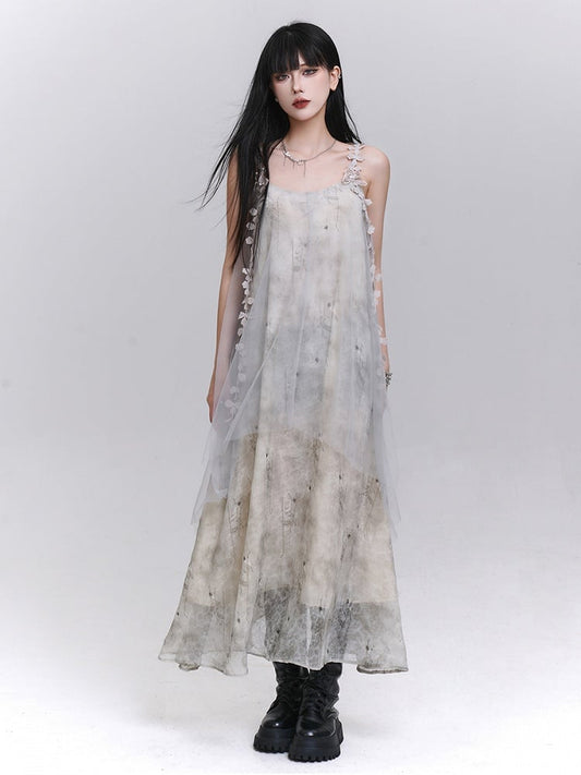 Gray with Ribbons Layered Dress Embroidered Slip Tulle Floral Hem Asymmetrical