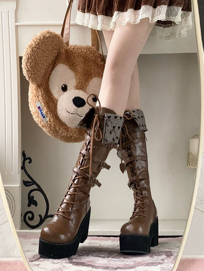 Cuff Heel Caramel Platform Fold-over Boots Block