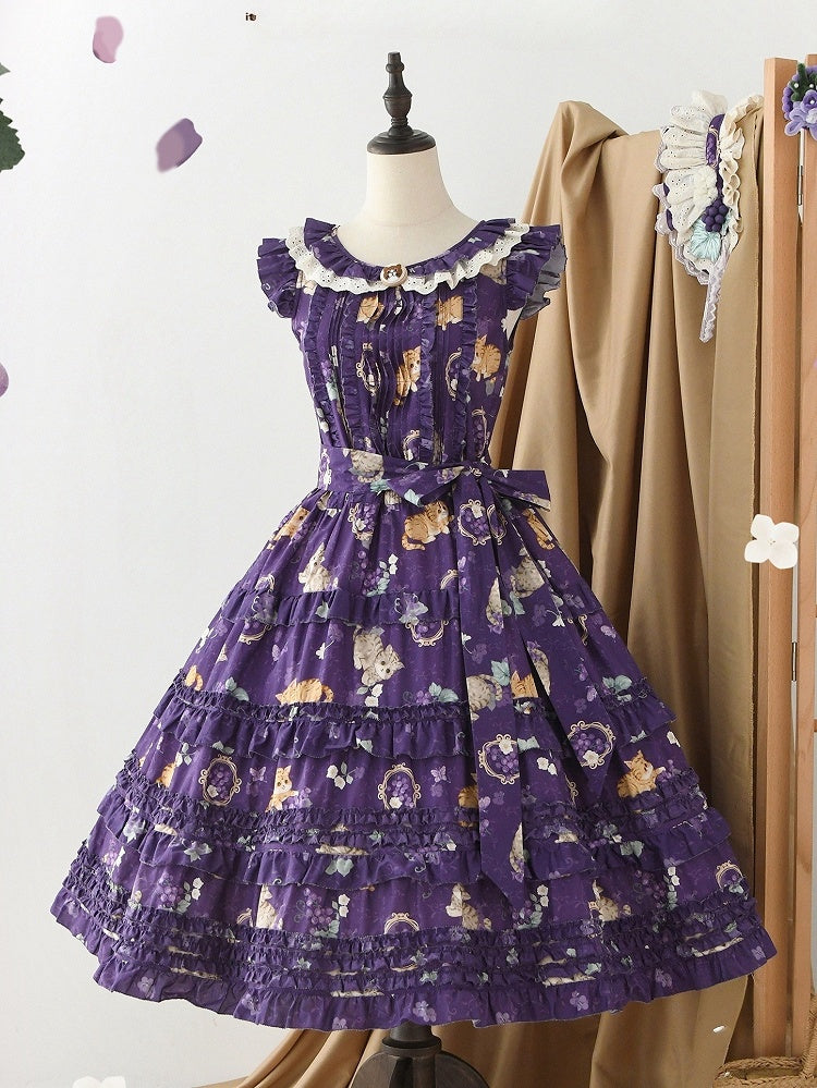 Modischer Lolita-Rock und Print, lila Hauspullover, traubenlanges Kleid, veränderbar, rosa Kätzchen