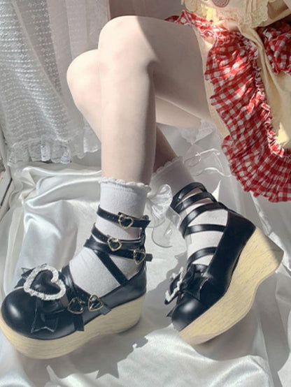 Removable Cross Round with Top 6.5cm Mary Bow Shoes Platform Toe Heart Jane Black Straps Accents -