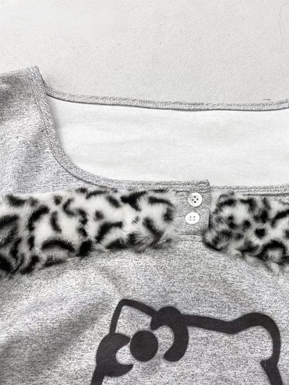 Cartoon Print Square Neckline Grey Top with Leopard Trim