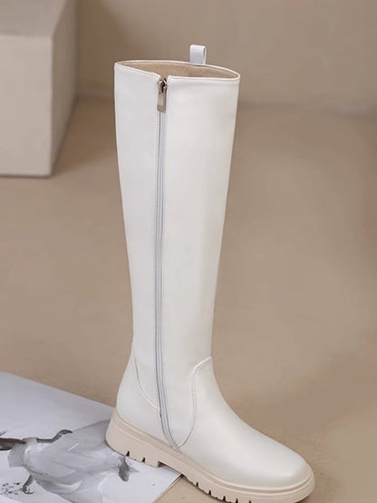 Closure White Knee-high Zip Boots Regular/Thicken PU Version Leather Inner with -