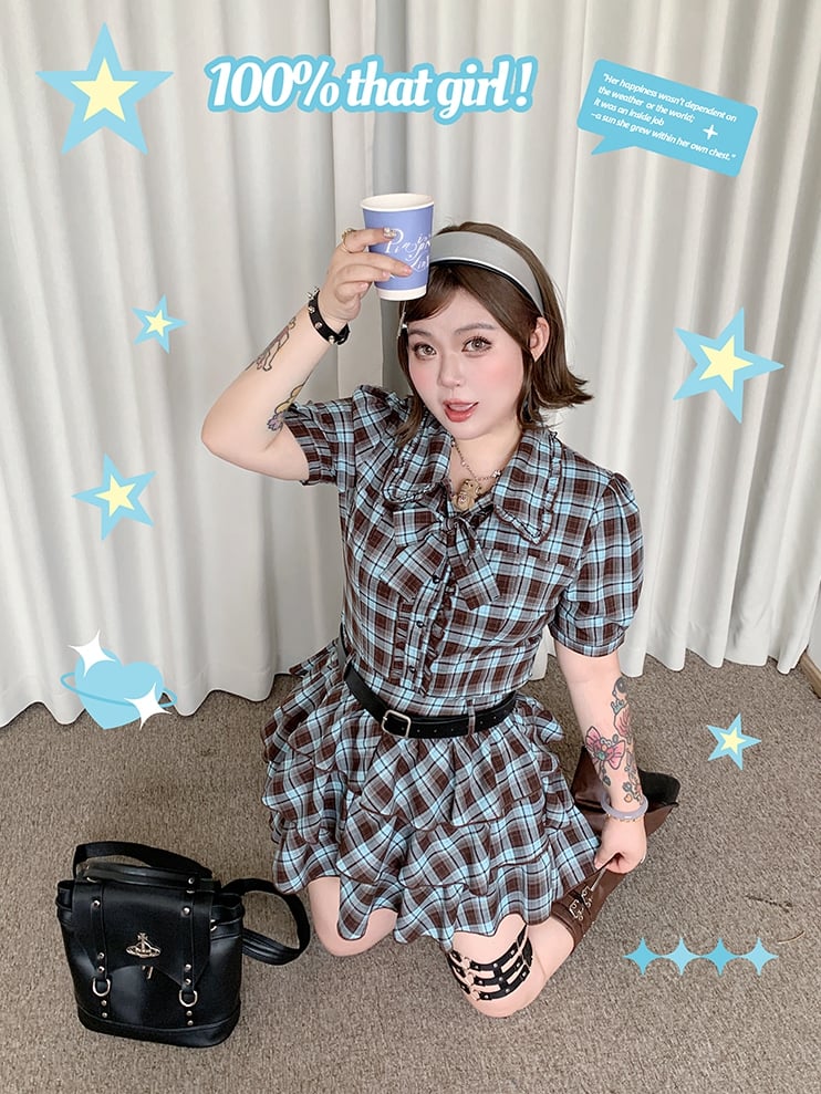 Plus Size Tiered Blue and Brown Plaid Blouse Preppy Style Sleeves Short Skirt /