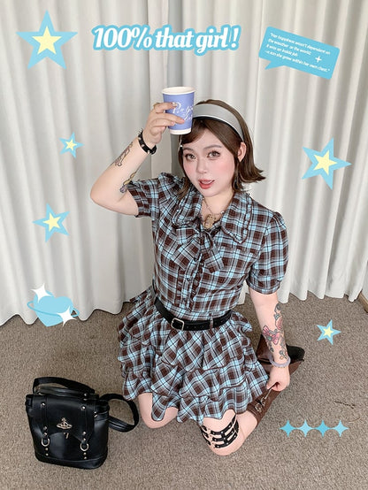 Plus Size Tiered Blue and Brown Plaid Blouse Preppy Style Sleeves Short Skirt /