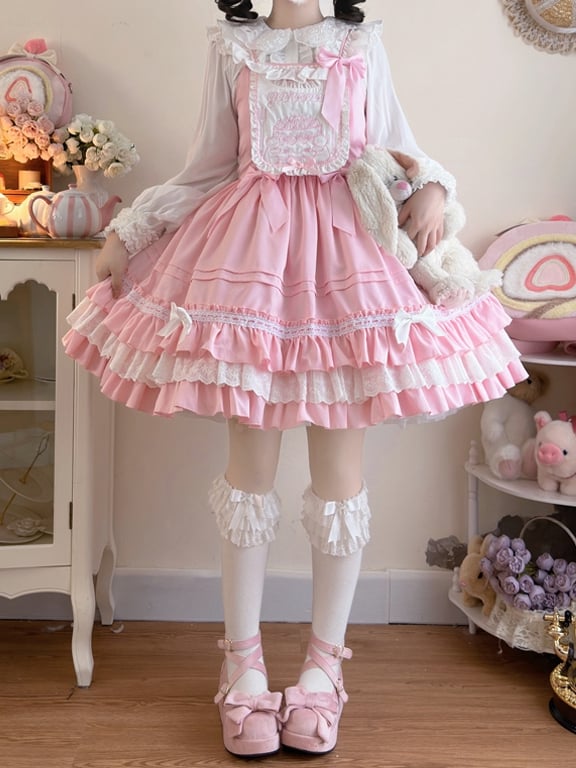 Teddy & Cake Embroidery Sweet Lolita Dress – Square Neck Tiered Skirt | Miss Han