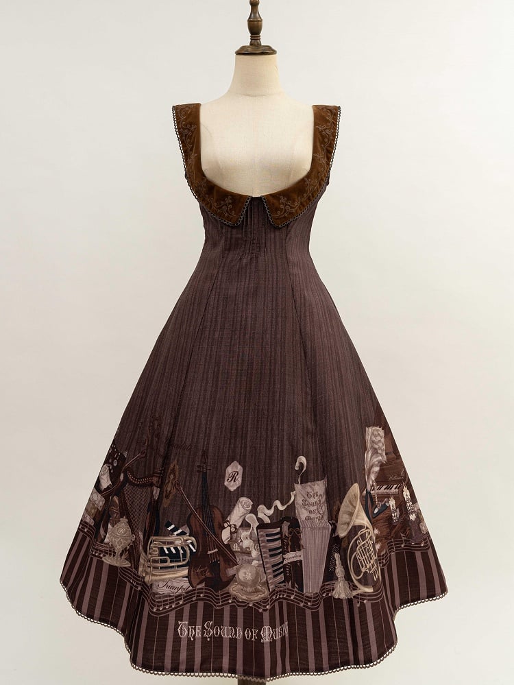 ブラウンのアンダーバストバイオリン＆ピアノプリントのエレガントなロリータドレス