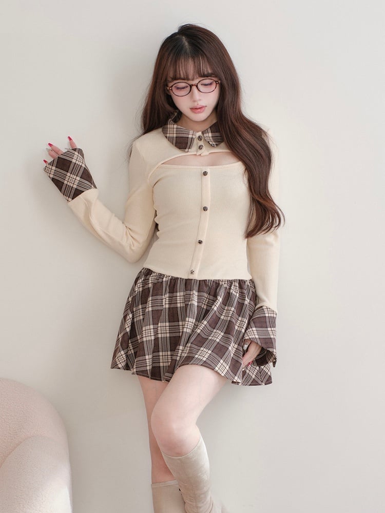 Cutout Kei Knit Plaid Apricot Paneled Jirai Dress Design