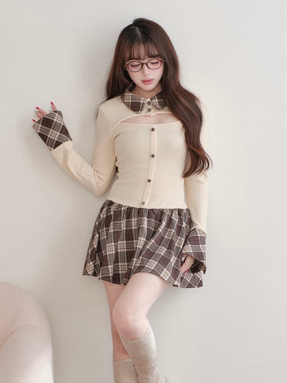 Cutout Kei Knit Plaid Apricot Paneled Jirai Dress Design