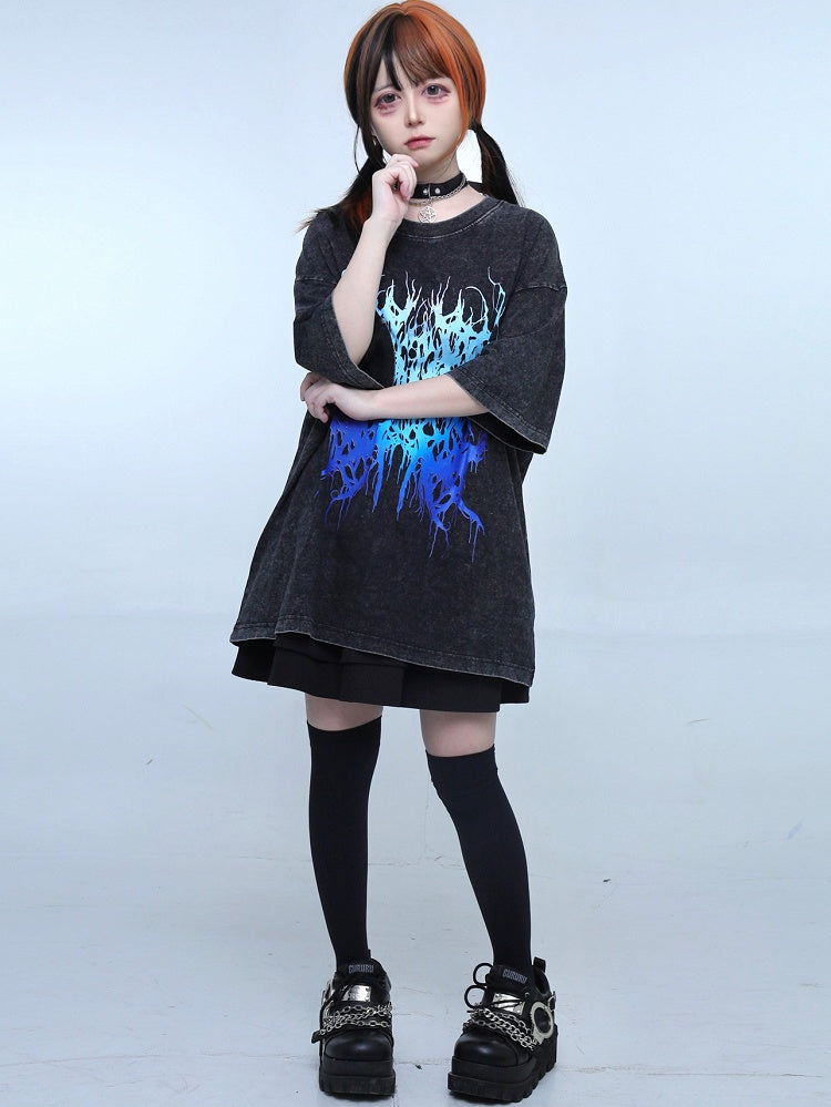 Black Neck Faded Wash Jirai Round T-shirt Design Kei