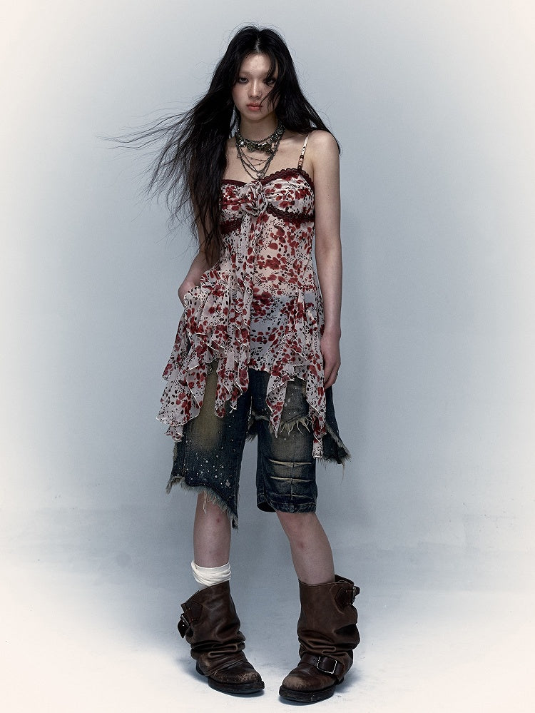 Handkerchief Floral Hem Slip and Lace Red Trim Dress Punk Y2K Print with
