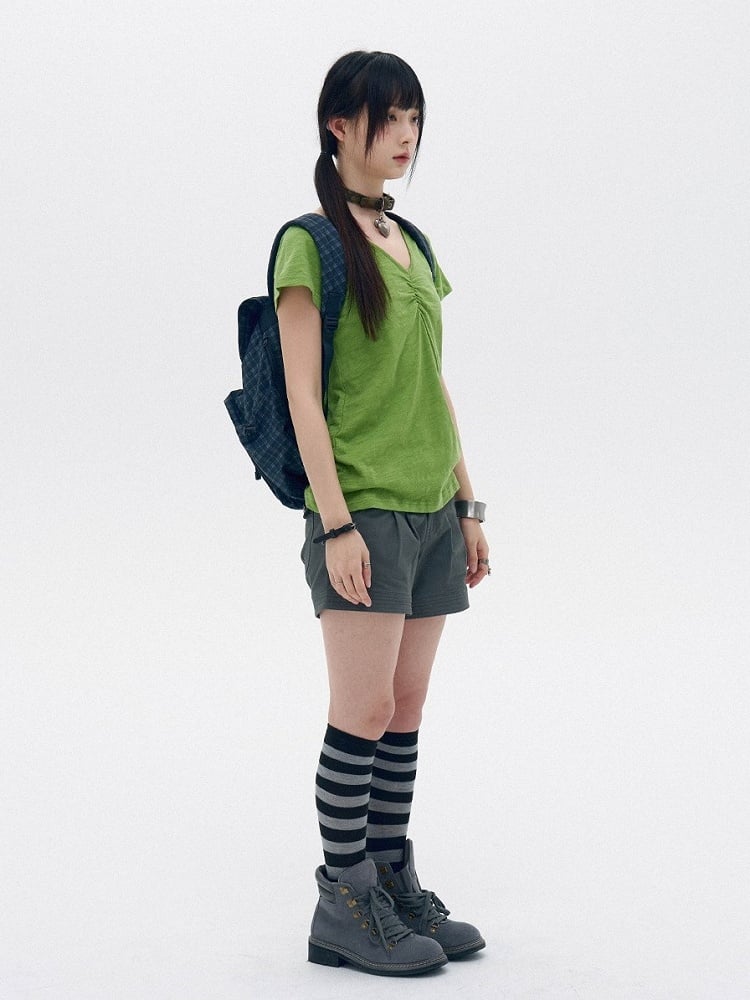 Green Cotton V-Neck Tee with Key Embroidery - innomoood