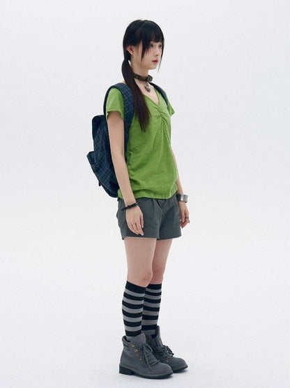 Green Cotton V-Neck Tee with Key Embroidery - innomoood