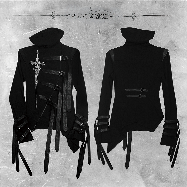 Top Print Stacked Sword PU Gothic Asymmetrical Decorated - Buckle Strap Black Collar