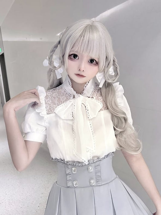 リボンタイ ホワイトレース コントラスト Kei Jirai ハートボタン パッチ付きブラウス