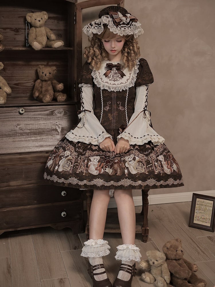 Vintage Doll Style Brown Short Sleeve OP Dress with Bear Symphony Print - Twin Bear Original Design