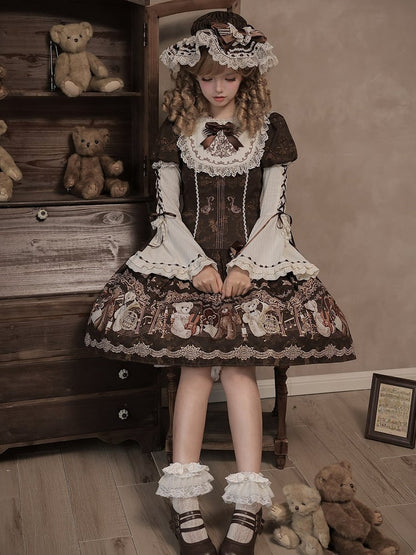 Vintage Doll Style Brown Short Sleeve OP Dress with Bear Symphony Print - Twin Bear Original Design