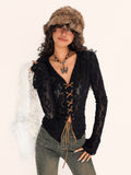 Floral Embroidery  Bell Sleeves Black Flocked Mesh Lace-up Blouse with