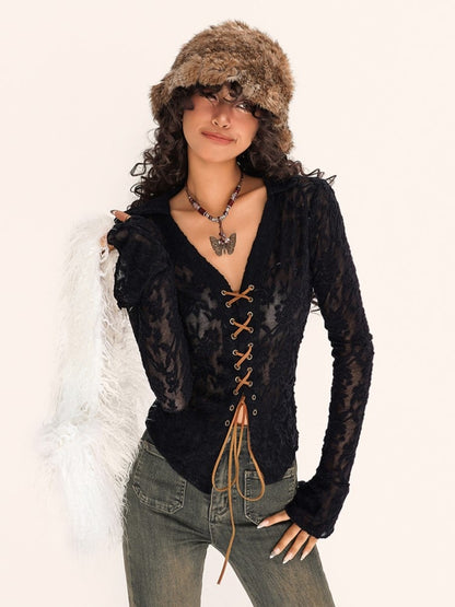 Floral Embroidery  Bell Sleeves Black Flocked Mesh Lace-up Blouse with