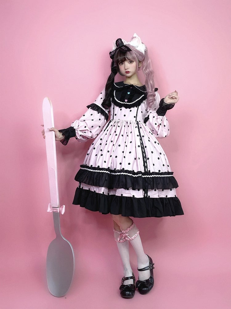 Lolita Dot Cute Long with Black Ruffle Sleeve Polka Dress Pink Details OP