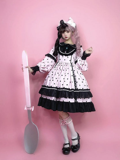 Lolita Dot Cute Long with Black Ruffle Sleeve Polka Dress Pink Details OP