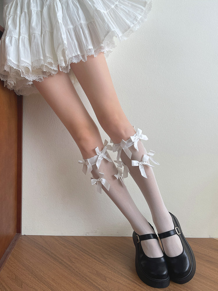 Socks Calf Thin White/Black Lace Decorated Bow