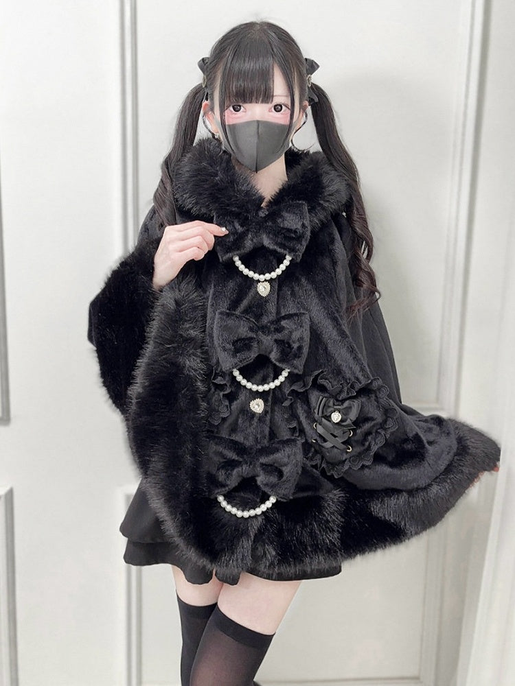 Bow Hooded Kei Bead Black with Cape Chain Jirai Furry Decor