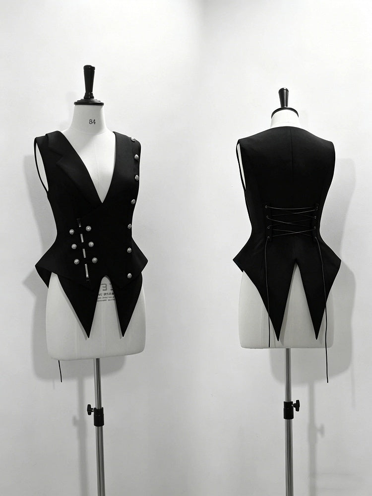 Black Ouji Lolita Deep V-Neck Waistcoat with Pointed Hem and Silver Buttons - Princess Chronicles
