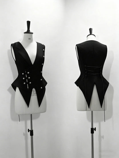 Black Ouji Lolita Deep V-Neck Waistcoat with Pointed Hem and Silver Buttons - Princess Chronicles
