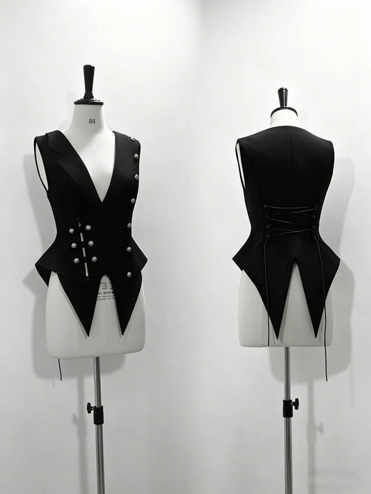 Black Ouji Lolita Deep V-Neck Waistcoat with Pointed Hem and Silver Buttons - Princess Chronicles