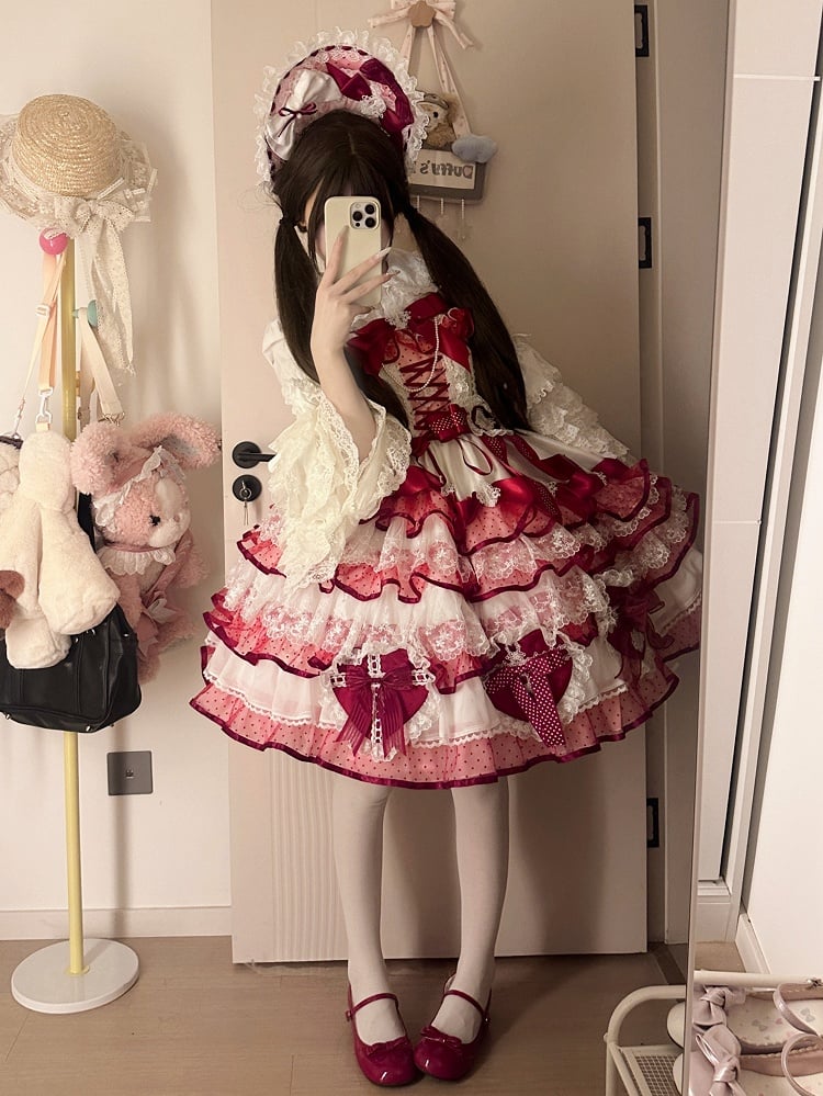 Lolita Hanayome und mehrlagiger herzförmiger weißer Rockpullover, Prinzessin, rote Schleifen, Kleiddekoration