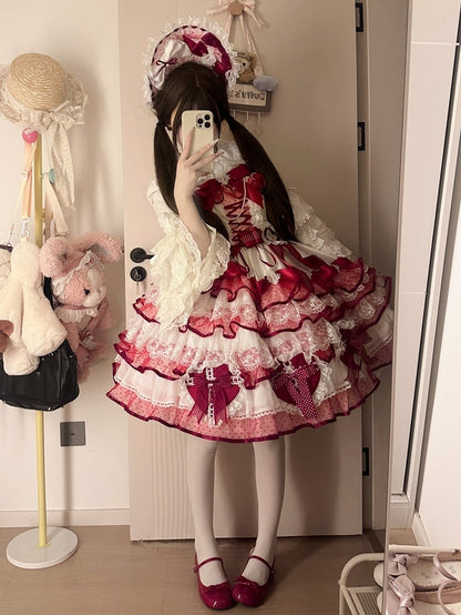 Lolita Hanayome und mehrlagiger herzförmiger weißer Rockpullover, Prinzessin, rote Schleifen, Kleiddekoration