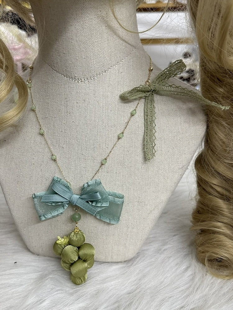 Green Pendant Grape Bow Ribbon Necklace