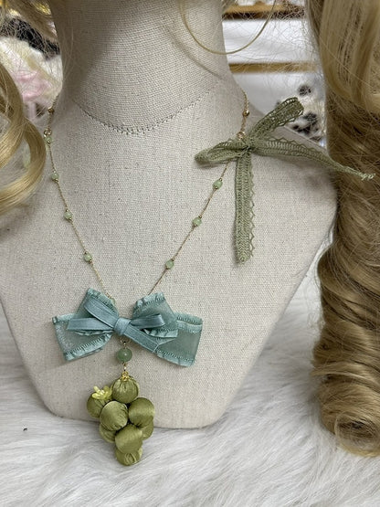 Green Pendant Grape Bow Ribbon Necklace