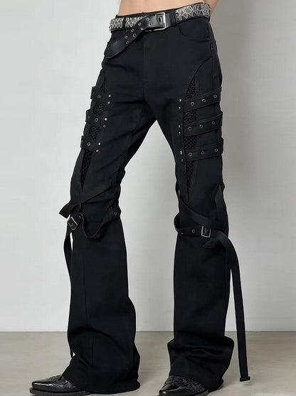 Black Batik Distressed Flared Jeans with Strap Accents - Nova nexus