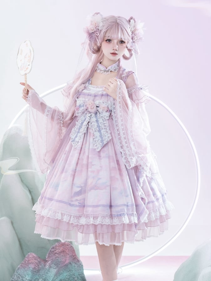 Han Bow Lolita Stück Langes Rosa-Lila Halbtransparente Printärmel Großes Kleid Whale Wide One