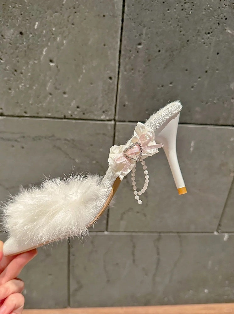 Details Bow Toe Lolita with Elegant Plush Pointed Accents White High-heel Mules