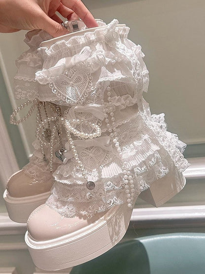 Lace Lolita Platform Elegant Boots Off-white Trim with