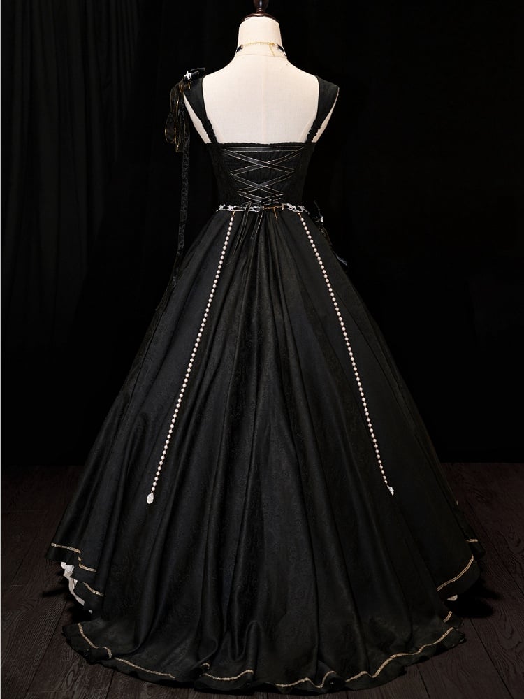 Black and White Boned Corset Bodice Gorgeous Long Train Lolita Dress Full Set