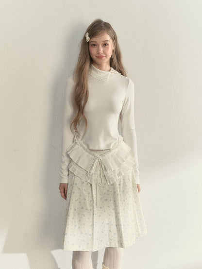 T-Shirt Asymmetrical Design and Sweet Collar Ruffled Sleeve with Long