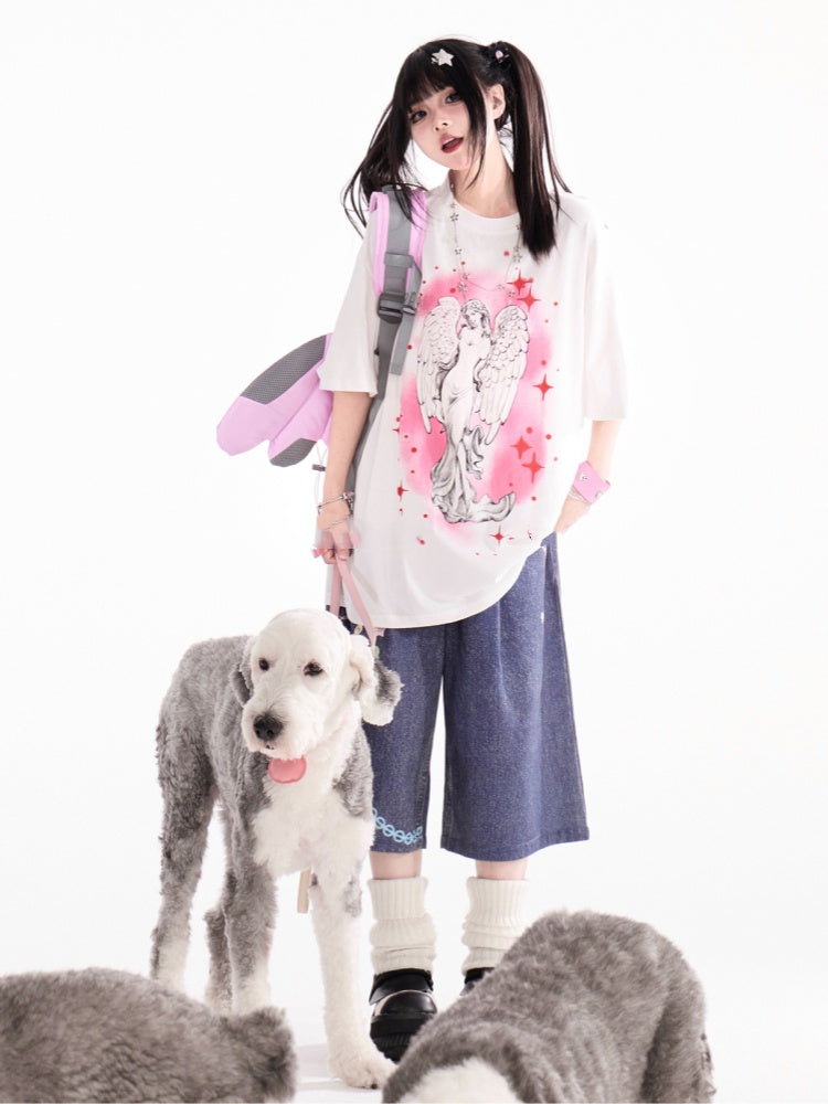 プリントルーズホワイトラウンドネックエンジェルTシャツ