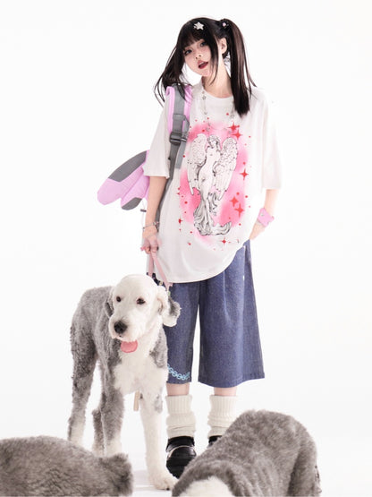 プリントルーズホワイトラウンドネックエンジェルTシャツ