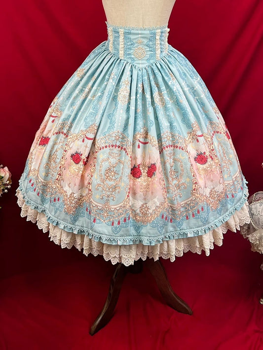 Blue Elegant Corset Belt High Waist Floral and Moon Lolita Skirt