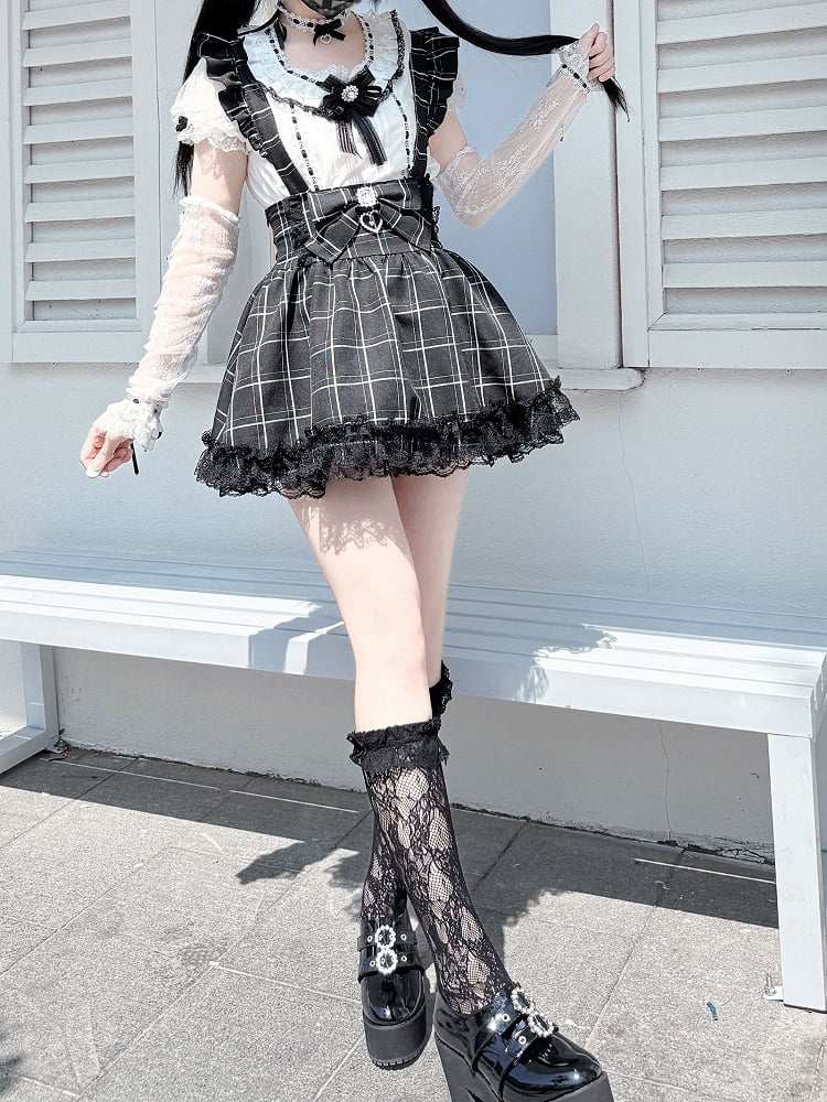 Abnehmbarer Kei-Rock mit schulterhohen Trägern / karierter Jirai-Overall mit schwarzer Taille