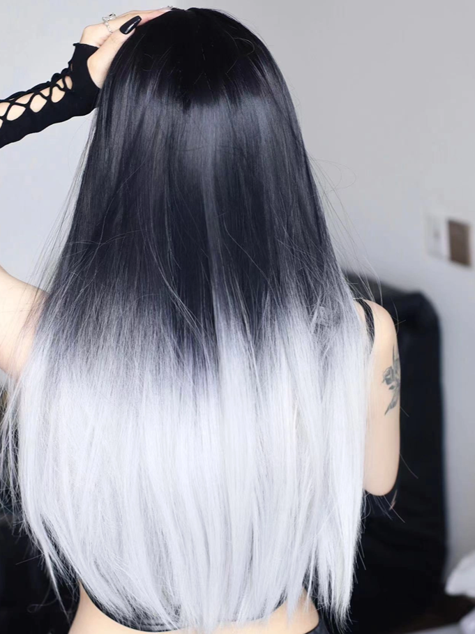 Ombre Bangs 68CM With Wig Air Silver And Black Straight