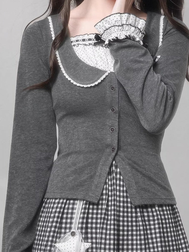 Kei Jirai Polka Knit Gray Fake Top Two-Piece Star with Brooch Dot
